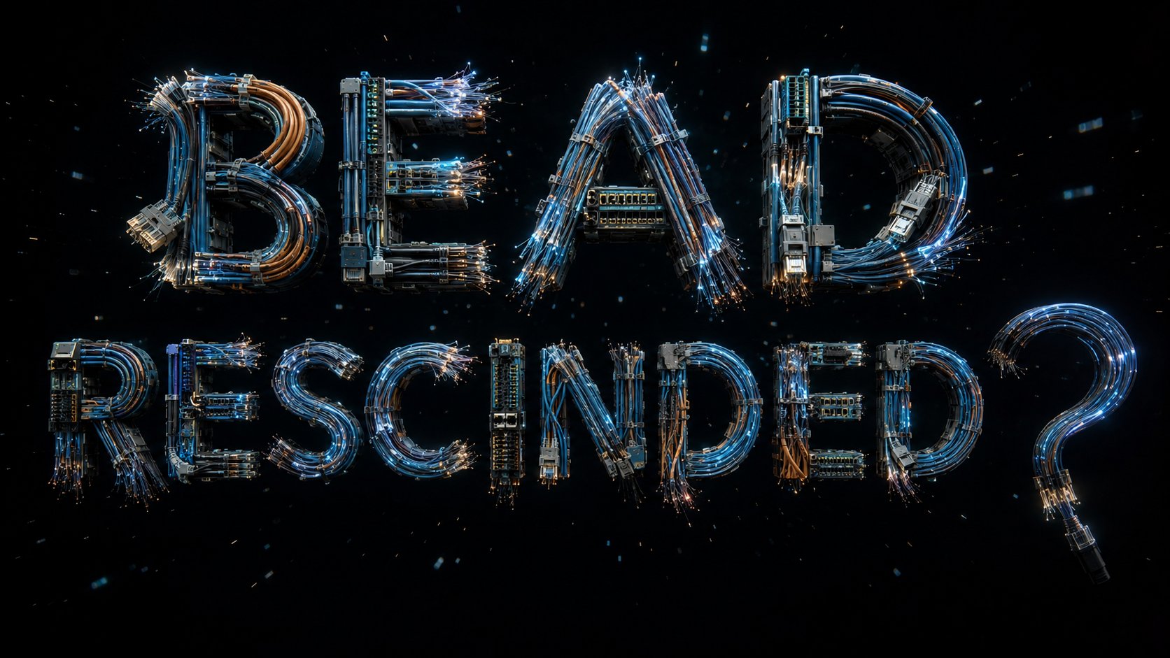 BEAD RESCINDED? rendered in fiber-optic cables and network hardware against a black background